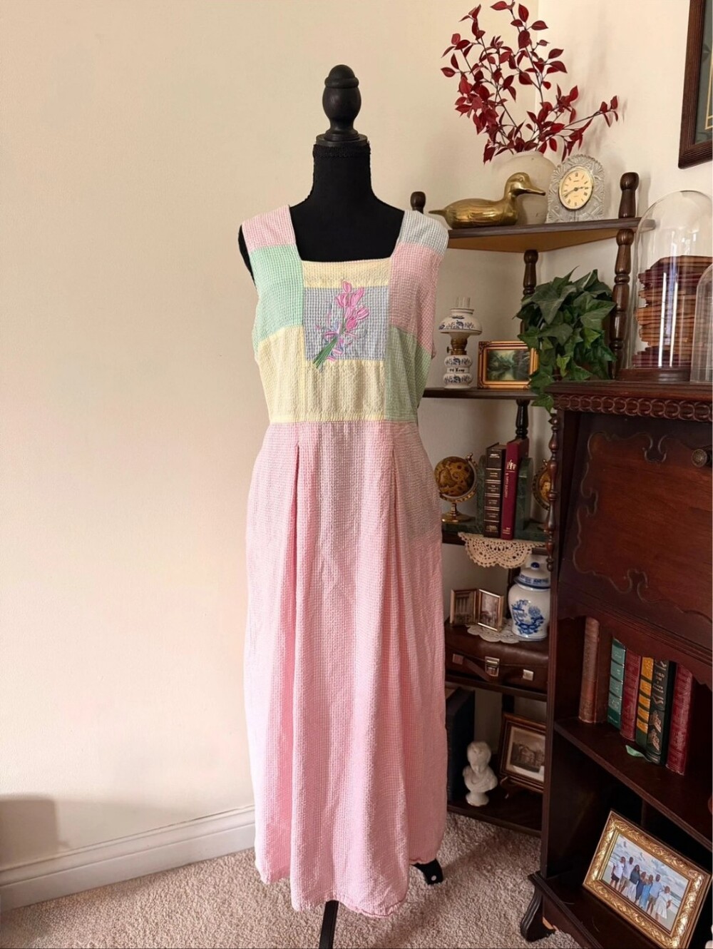 Cottagecore 220 Elm Pink Seersucker Patchwork Floral Embroidered Maxi Dress #11